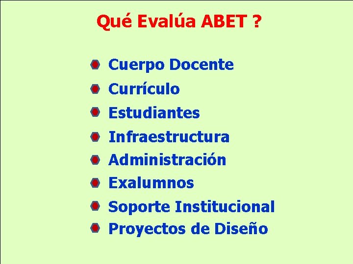 Qué Evalúa ABET ? Cuerpo Docente Currículo Estudiantes Infraestructura Administración Exalumnos Soporte Institucional Proyectos