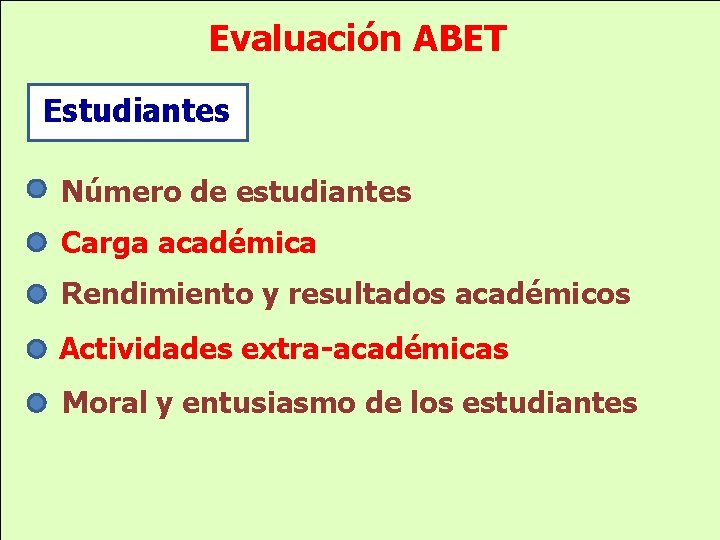 Evaluación ABET Estudiantes Número de estudiantes Carga académica Rendimiento y resultados académicos Actividades extra-académicas