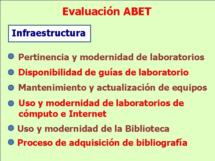 Evaluación ABET Infraestructura Pertinencia y modernidad de laboratorios Disponibilidad de guías de laboratorio Mantenimiento