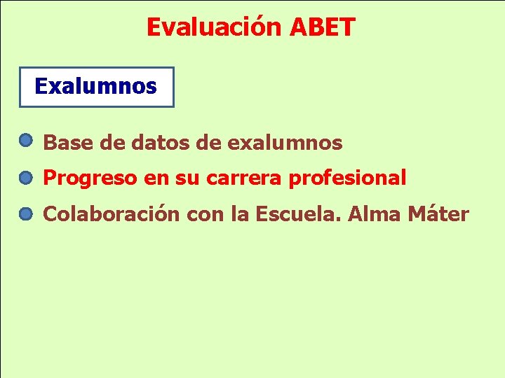 Evaluación ABET Exalumnos Base de datos de exalumnos Progreso en su carrera profesional Colaboración