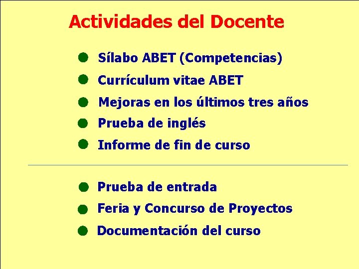 Actividades del Docente Sílabo ABET (Competencias) Currículum vitae ABET Mejoras en los últimos tres