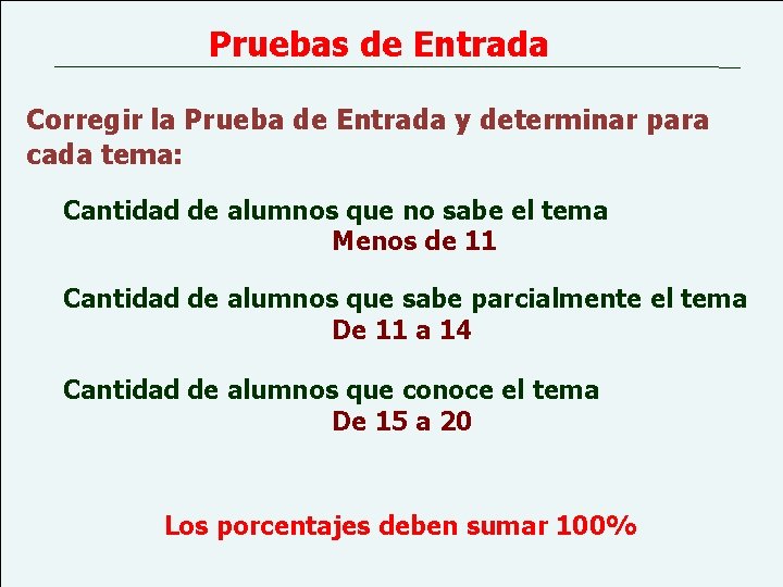 Pruebas de Entrada Corregir la Prueba de Entrada y determinar para cada tema: Cantidad