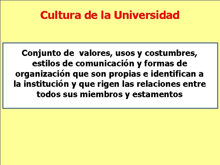 Cultura de la Universidad Conjunto de valores, usos y costumbres, estilos de comunicación y