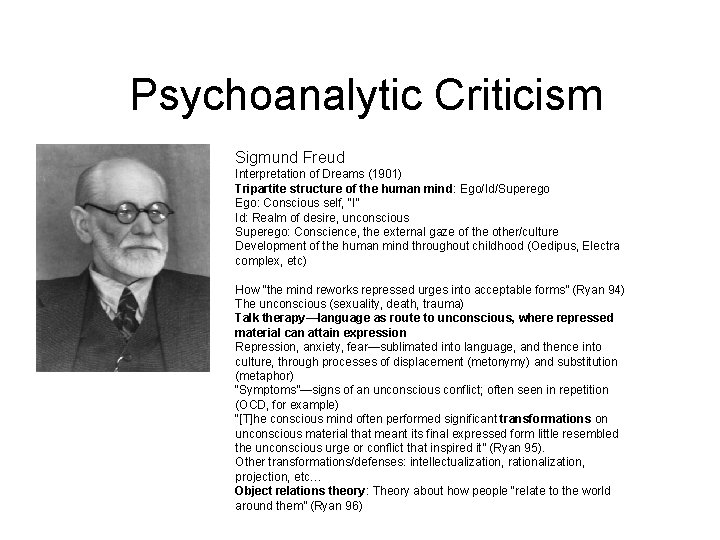 Psychoanalytic Criticism Sigmund Freud Interpretation of Dreams (1901) Tripartite structure of the human mind: