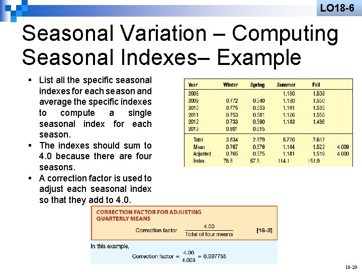 LO 18 -6 Seasonal Variation – Computing Seasonal Indexes– Example § List all the