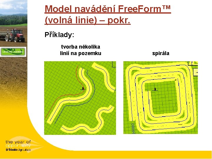 Model navádění Free. Form™ (volná linie) – pokr. Příklady: tvorba několika linií na pozemku