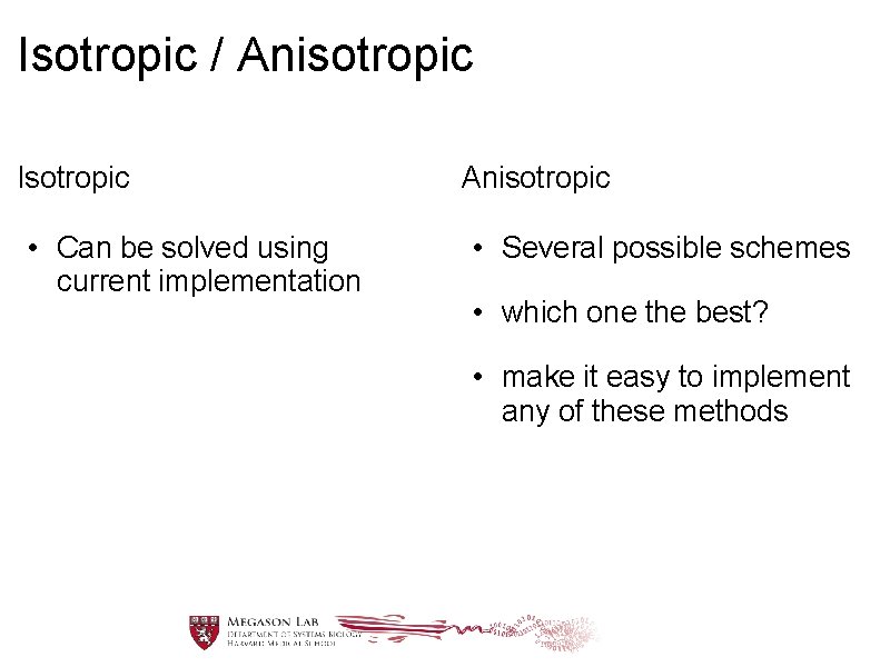 Isotropic / Anisotropic Isotropic • Can be solved using current implementation Anisotropic • Several