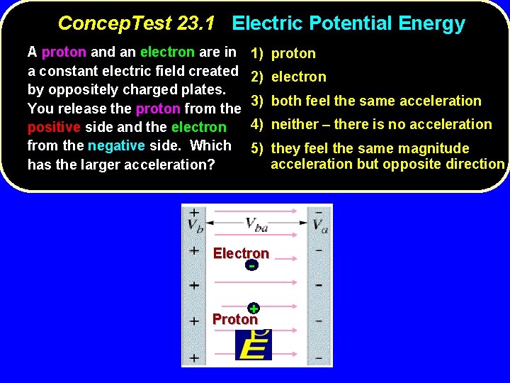 Concep. Test 23. 1 Electric Potential Energy A proton and an electron are in