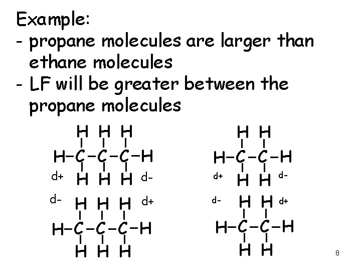 Example: - propane molecules are larger than ethane molecules - LF will be greater