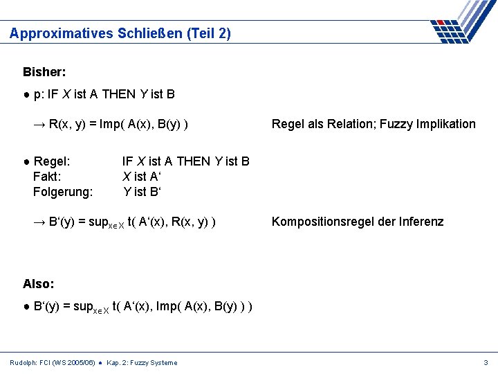 Approximatives Schließen (Teil 2) Bisher: ● p: IF X ist A THEN Y ist