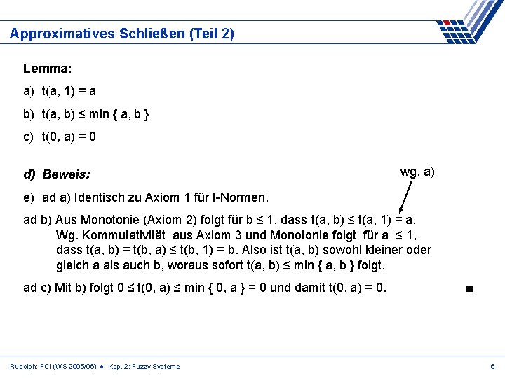 Approximatives Schließen (Teil 2) Lemma: a) t(a, 1) = a b) t(a, b) ≤