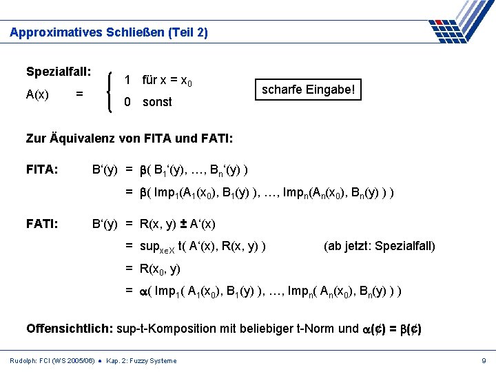 Approximatives Schließen (Teil 2) Spezialfall: A(x) = 1 für x = x 0 0 Approximatives Schließen (Teil 2) Spezialfall: A(x) = 1 für x = x 0 0