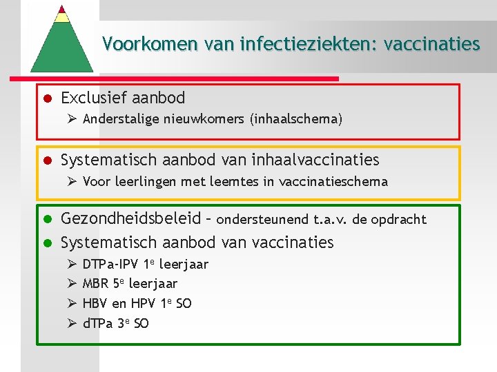 Voorkomen van infectieziekten: vaccinaties l Exclusief aanbod Ø Anderstalige nieuwkomers (inhaalschema) l Systematisch aanbod
