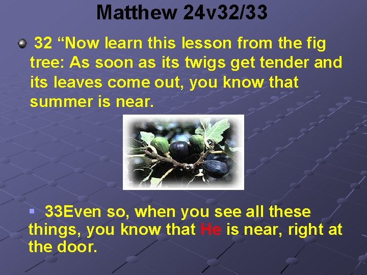 Matthew 24 v 32/33 32 “Now learn this lesson from the fig tree: As