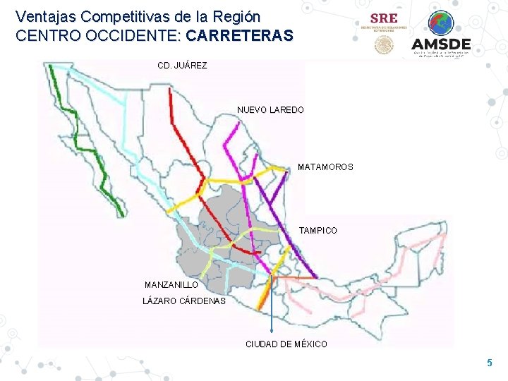 Ventajas Competitivas de la Región CENTRO OCCIDENTE: CARRETERAS CD. JUÁREZ NUEVO LAREDO MATAMOROS TAMPICO