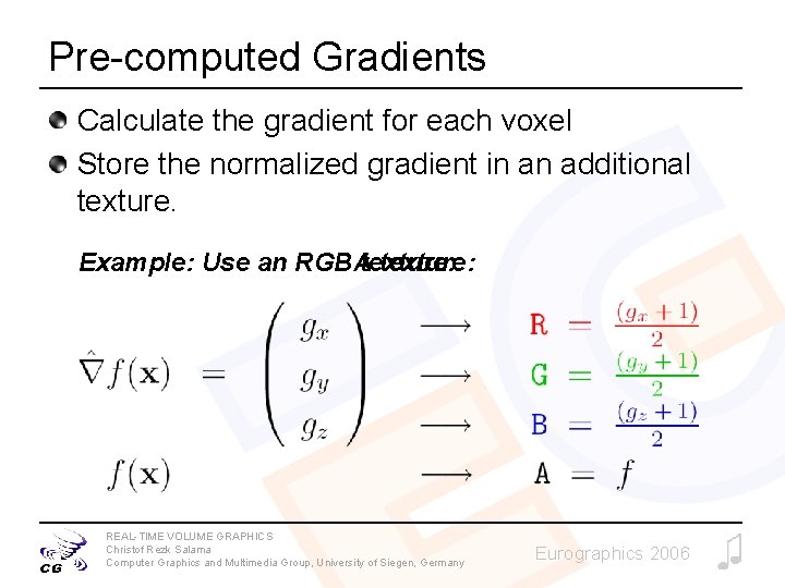 Pre-computed Gradients Calculate the gradient for each voxel Store the normalized gradient in an