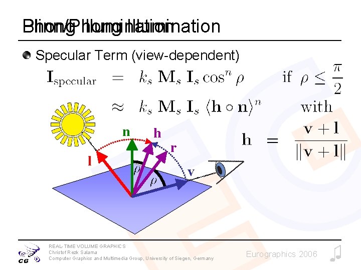 Blinn/Phong Illumination Specular Term (view-dependent) n l h r v REAL-TIME VOLUME GRAPHICS Christof