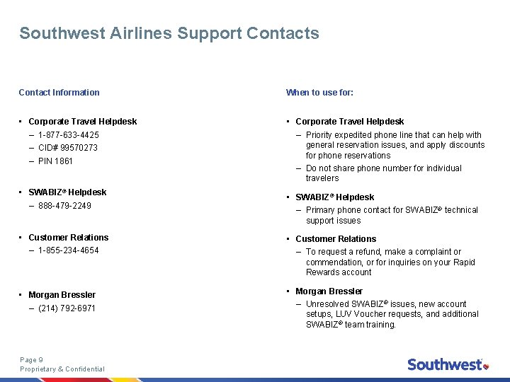 Southwest Airlines Support Contacts Contact Information When to use for: • Corporate Travel Helpdesk