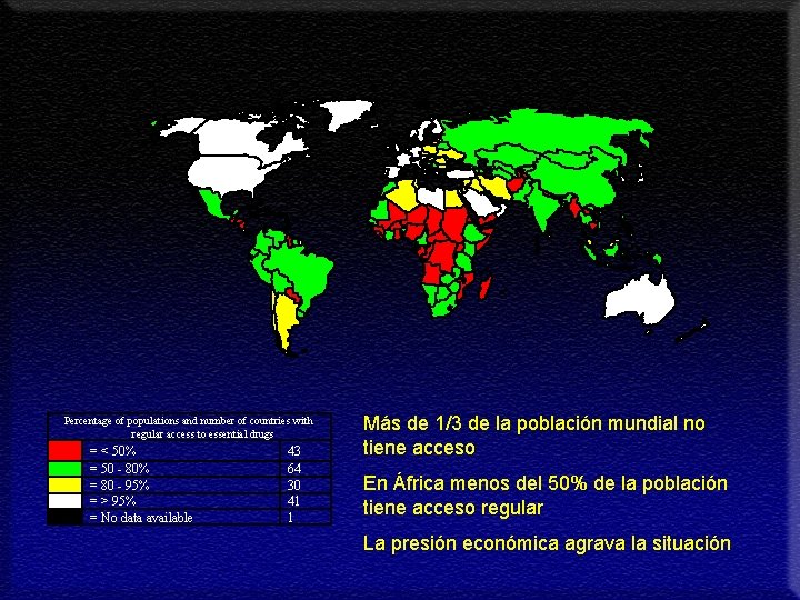 Percentage of populations and number of countries with regular access to essential drugs =