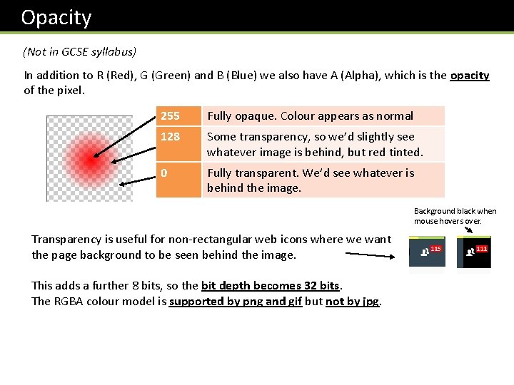  Opacity (Not in GCSE syllabus) In addition to R (Red), G (Green) and