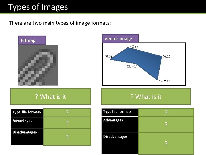  Types of Images There are two main types of image formats: Vector image