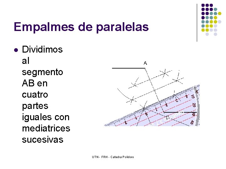 Empalmes de paralelas l Dividimos al segmento AB en cuatro partes iguales con mediatrices