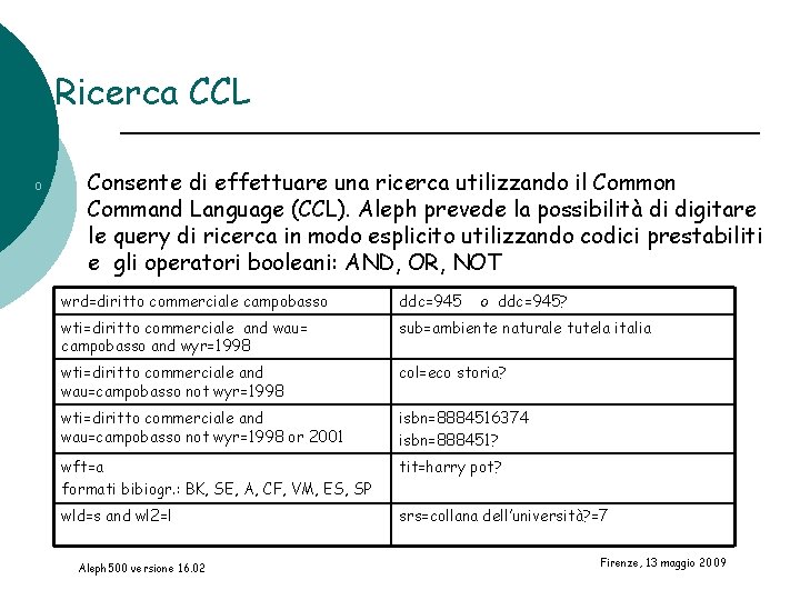 Ricerca CCL o Consente di effettuare una ricerca utilizzando il Common Command Language (CCL).