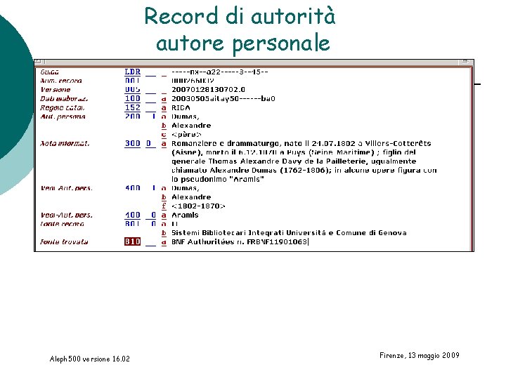 Record di autorità autore personale Aleph 500 versione 16. 02 Firenze, 13 maggio 2009