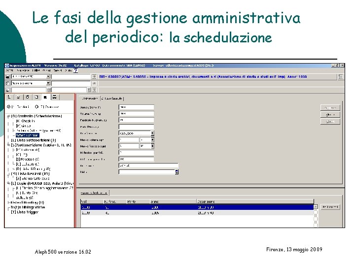 Le fasi della gestione amministrativa del periodico: la schedulazione Aleph 500 versione 16. 02