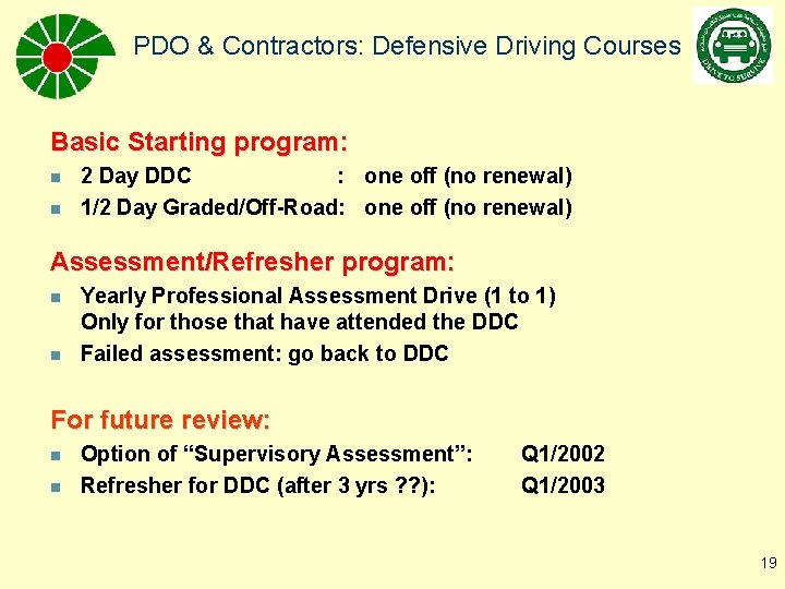 PDO & Contractors: Defensive Driving Courses Basic Starting program: n n 2 Day DDC