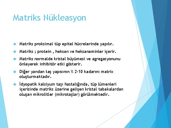 Matriks Nükleasyon Matriks proksimal tüp epitel hücrelerinde yapılır. Matriks ; protein , heksan ve