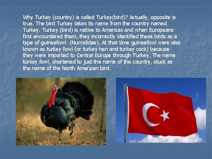 Why Turkey (country) is called Turkey(bird)? Actually, opposite is true. The bird Turkey takes