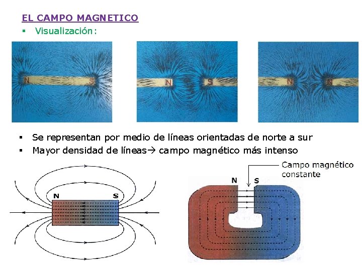 EL CAMPO MAGNETICO § Visualización: § § Se representan por medio de líneas orientadas