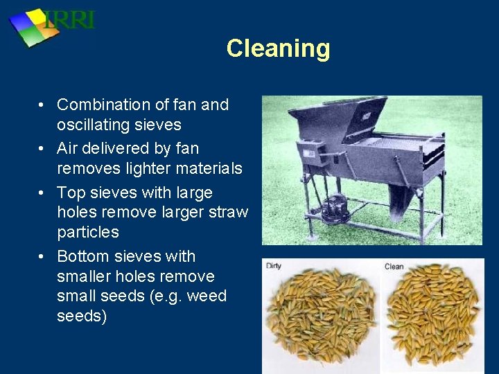 Cleaning • Combination of fan and oscillating sieves • Air delivered by fan removes