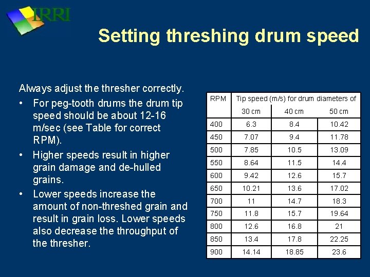 Setting threshing drum speed Always adjust the thresher correctly. • For peg-tooth drums the