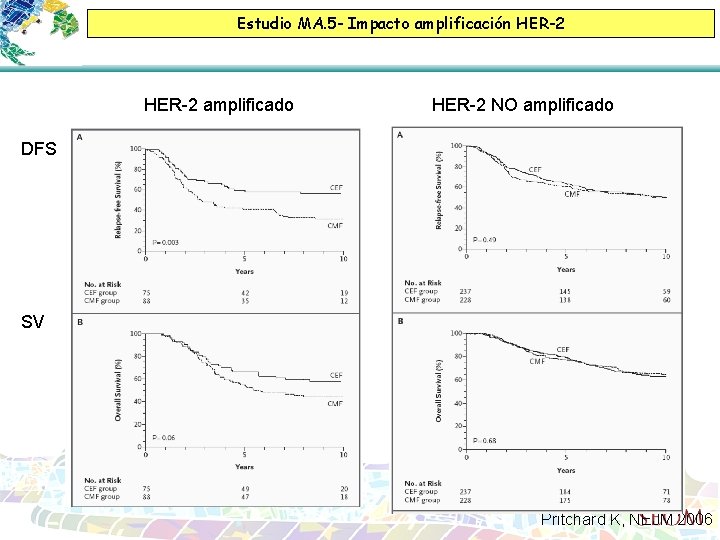 Estudio MA. 5 - Impacto amplificación HER-2 amplificado HER-2 NO amplificado DFS SV Pritchard