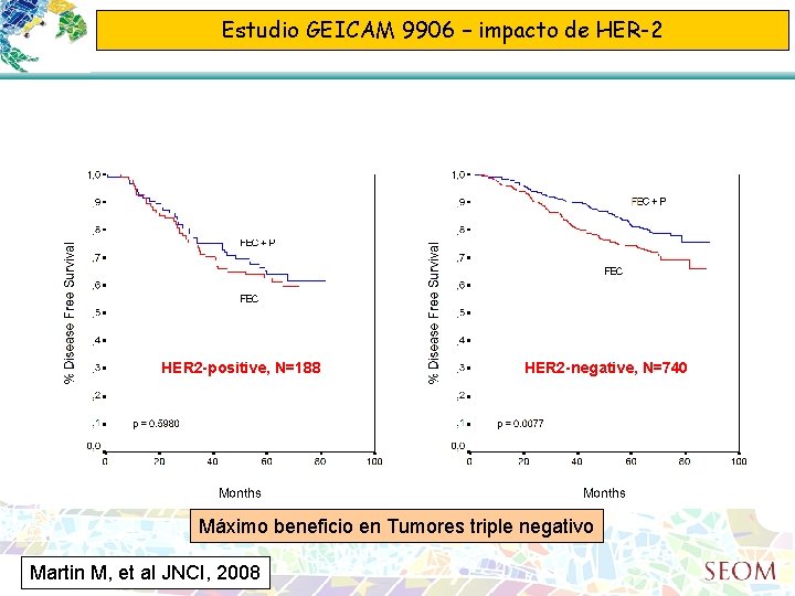 Estudio GEICAM 9906 – impacto de HER-2 HER 2 -positive, N=188 HER 2 -negative,