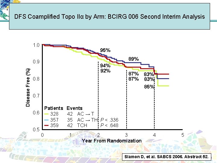 DFS Coamplified Topo IIα by Arm: BCIRG 006 Second Interim Analysis 1. 0 95%