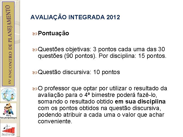 AVALIAÇÃO INTEGRADA 2012 Pontuação Questões objetivas: 3 pontos cada uma das 30 questões (90