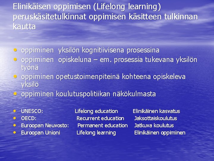 Elinikäisen oppimisen (Lifelong learning) peruskäsitetulkinnat oppimisen käsitteen tulkinnan kautta • • • oppiminen yksilön
