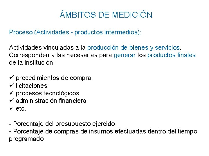 ÁMBITOS DE MEDICIÓN Proceso (Actividades - productos intermedios): Actividades vinculadas a la producción de ÁMBITOS DE MEDICIÓN Proceso (Actividades - productos intermedios): Actividades vinculadas a la producción de