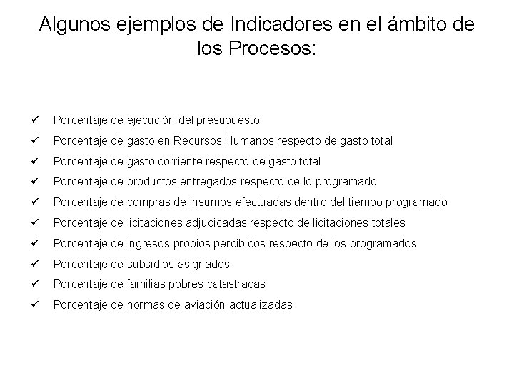 Algunos ejemplos de Indicadores en el ámbito de los Procesos: ü Porcentaje de ejecución Algunos ejemplos de Indicadores en el ámbito de los Procesos: ü Porcentaje de ejecución