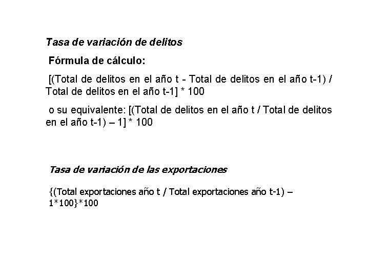 Tasa de variación de delitos Fórmula de cálculo: [(Total de delitos en el año Tasa de variación de delitos Fórmula de cálculo: [(Total de delitos en el año