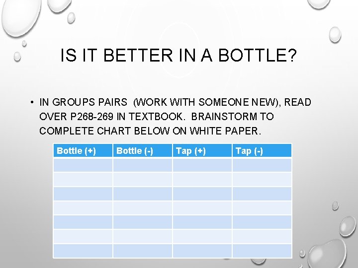 IS IT BETTER IN A BOTTLE? • IN GROUPS PAIRS (WORK WITH SOMEONE NEW),