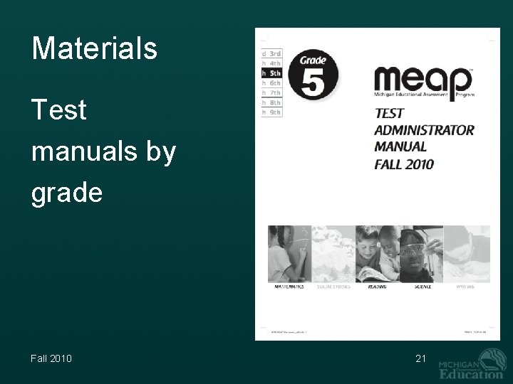 Materials Test manuals by grade Fall 2010 21 