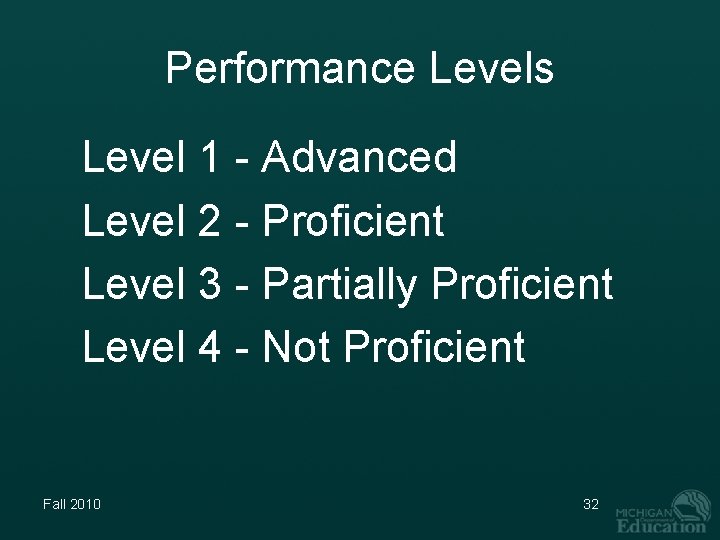 Performance Levels Level 1 - Advanced Level 2 - Proficient Level 3 - Partially