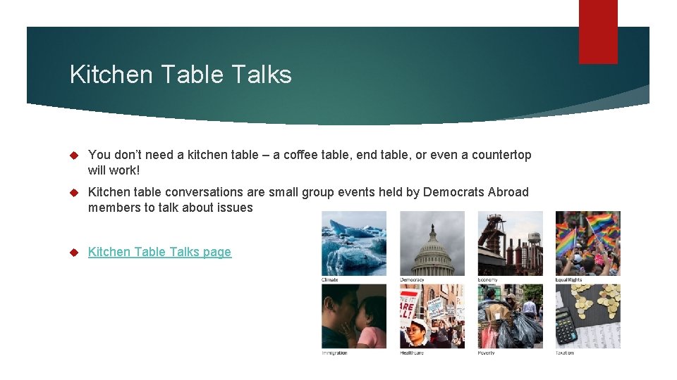 Kitchen Table Talks You don’t need a kitchen table – a coffee table, end