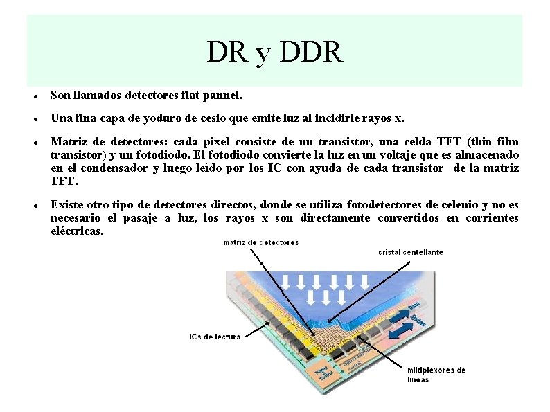 DR y DDR Son llamados detectores flat pannel. Una fina capa de yoduro de