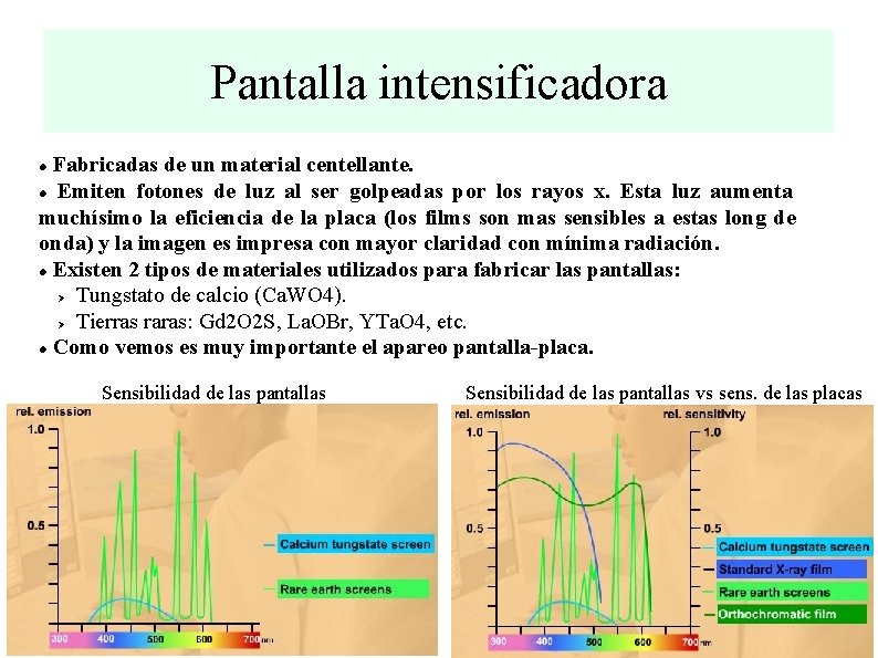 Pantalla intensificadora Fabricadas de un material centellante. Emiten fotones de luz al ser golpeadas