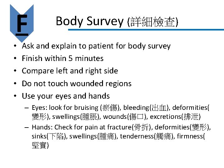 F • • • Body Survey (詳細檢查) Ask and explain to patient for body F • • • Body Survey (詳細檢查) Ask and explain to patient for body